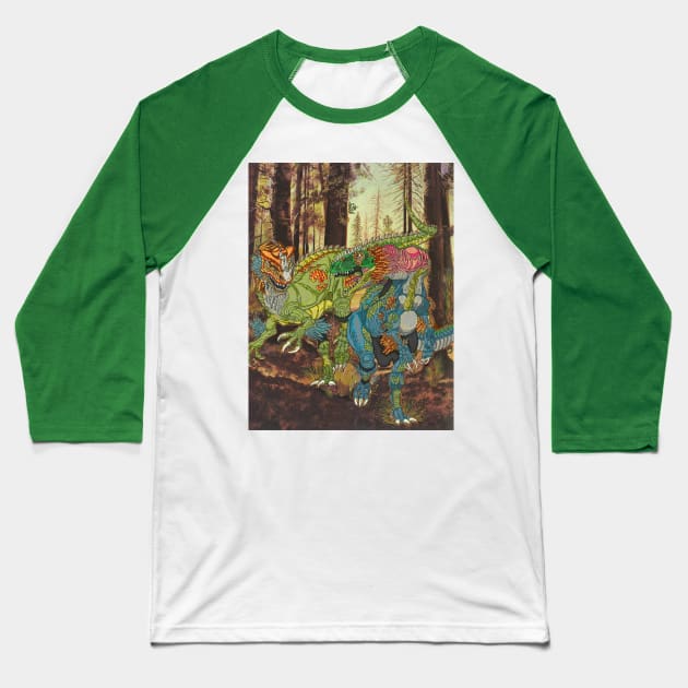 Jurassic Jousting Baseball T-Shirt by SnowFlake Comix